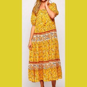 New Gigio by UMGEE S M L SUNNY Border Floral Prints Mixed Maxi Dress Tassel Ties